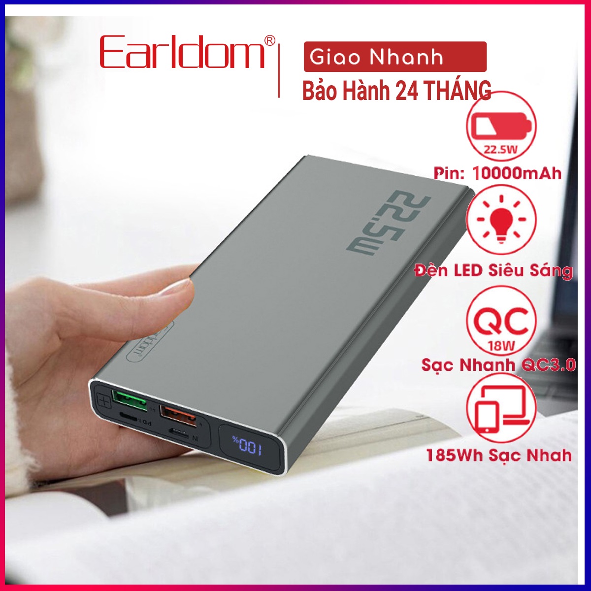 Sạc Dự Phòng 10.000mAh Earldom PD-07 Hỗ Trợ Công Nghệ Sạc Nhanh QC 3.0 Và Cổng Sạc PD, Tổng Công Suất 22.5W, Hàng Chính Hãng