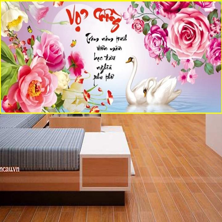 Tranh thêu vợ chồng thiên nga hoa hồng X8183 - kích thước: 84 * 43cm.