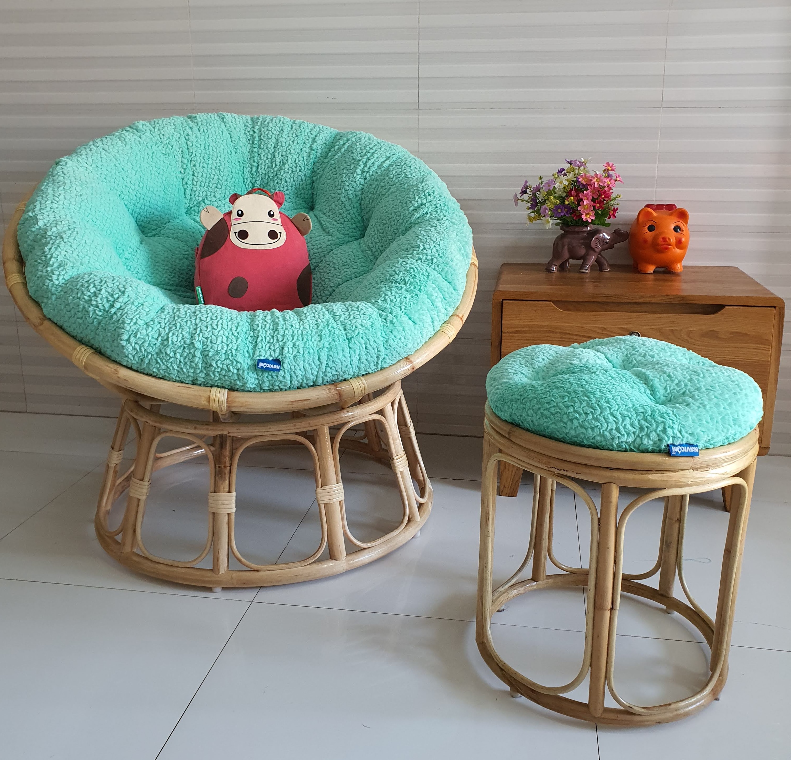 Bộ ghế thư giãn papasan + đôn nhỏ ( Vải nhung cao cấp xanh ngọc)