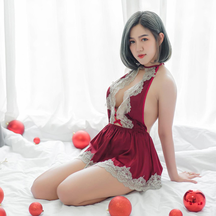 Váy ngủ xuyên thấu sexy cổ yếm Q107 - Đồ ngủ, đầm ngủ ren khoét ngực