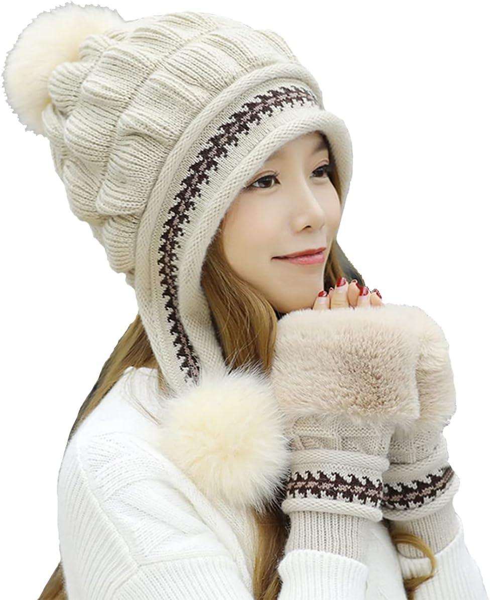 Mũ mũ mùa đông mũ phụ nữ mũ ba bên trong mũ ấm áp 3 trong 1 phụ nữ mũ MAT mùa đông Bonnet với pompom