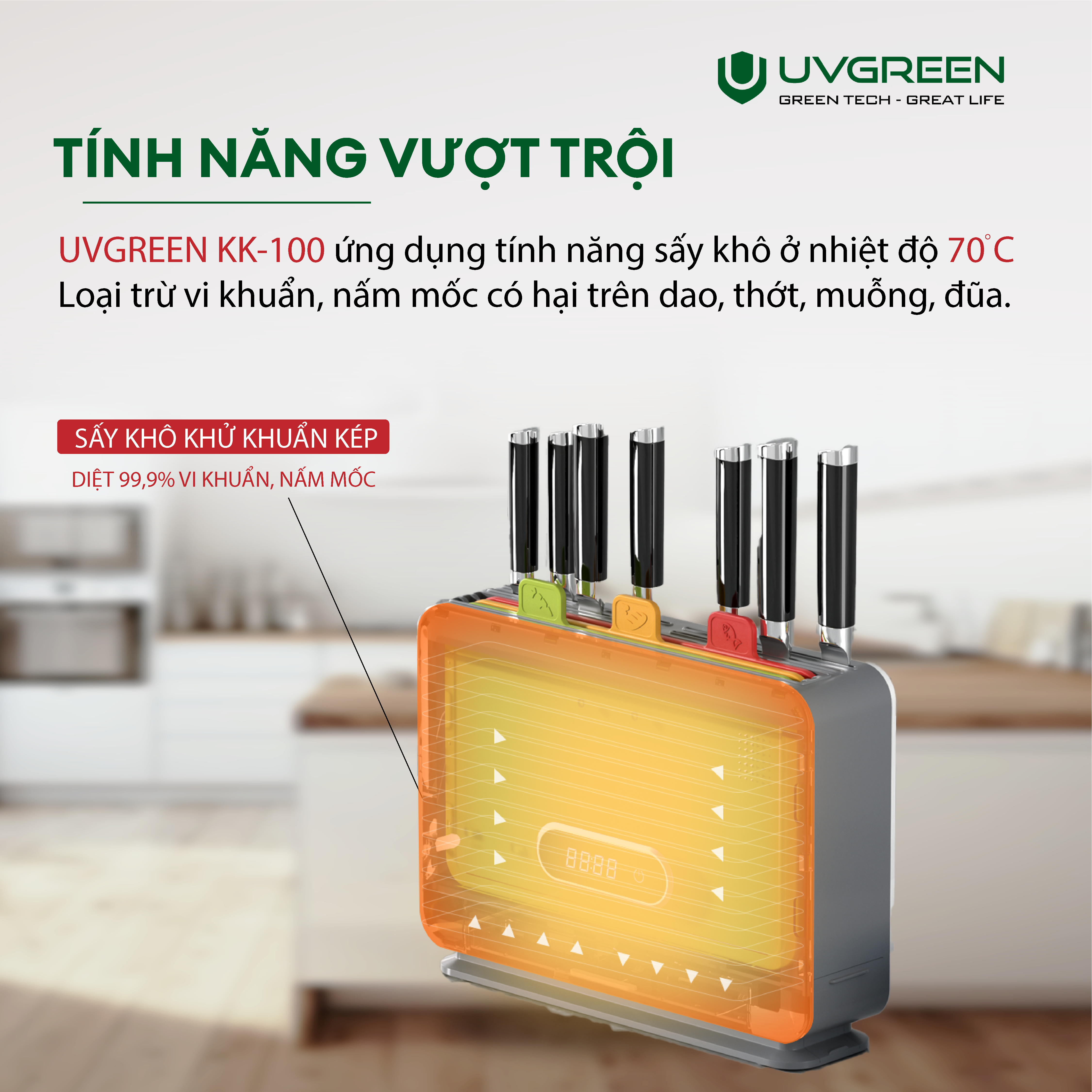 Máy tiệt trùng sấy khô dao thớt UVGREEN KK100 - HÀNG CHÍNH HÃNG - Sấy Khô 70’C - Khử khuẩn UVC 99.99% - Công Nghệ Mỹ - Bảo Hành 12 Tháng