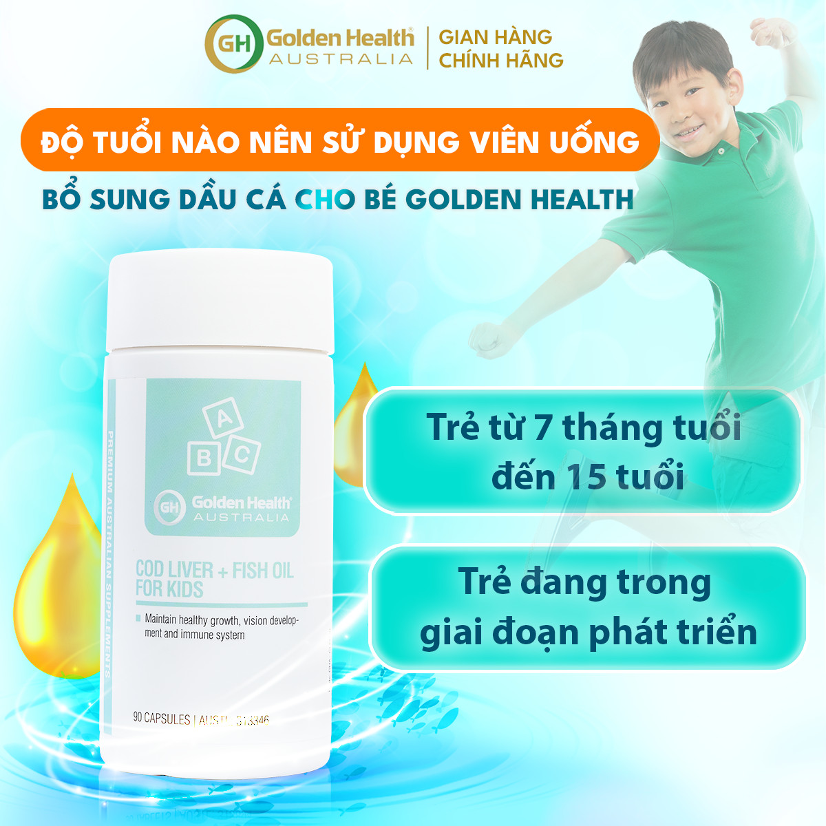Viên uống dầu cá bổ sung DHA cho trẻ từ 7 tháng tuổi Golden Health Cod Liver Fish Oil For Kids Hộp 90 viên