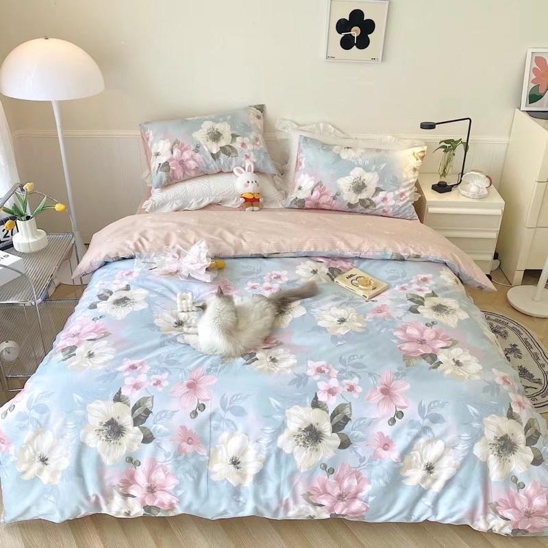 Bộ Chăn Ga Gối Cotton Living 100%cotton Hàng Nhập Khẩu Cao Cấp 4 Món Hoa Nâu