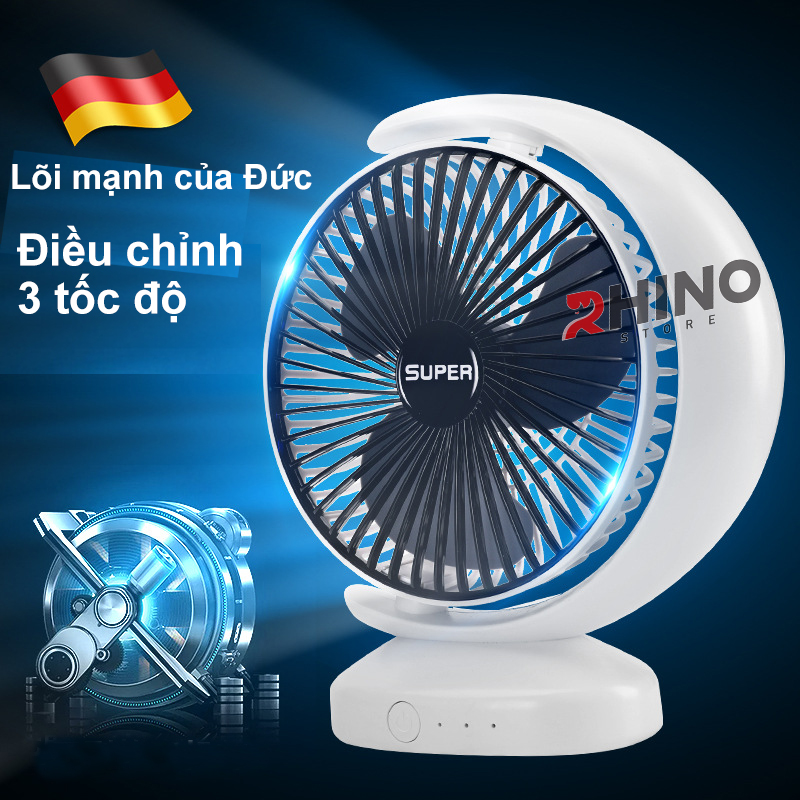 Quạt để bàn văn phòng Mini Rhino F101 tích điện 3 chế độ gió hình bán nguyệt - Hàng chính hãng