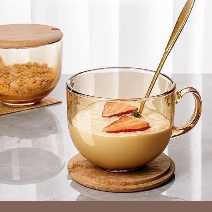 Combo 2 Cốc thủy tinh màu hổ phách 480 ml chịu nhiệt cao cấp có tay cầm