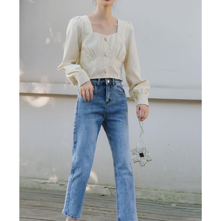 Áo croptop nữ dài tay cổ vuông có chiết ly ngực sang chảnh