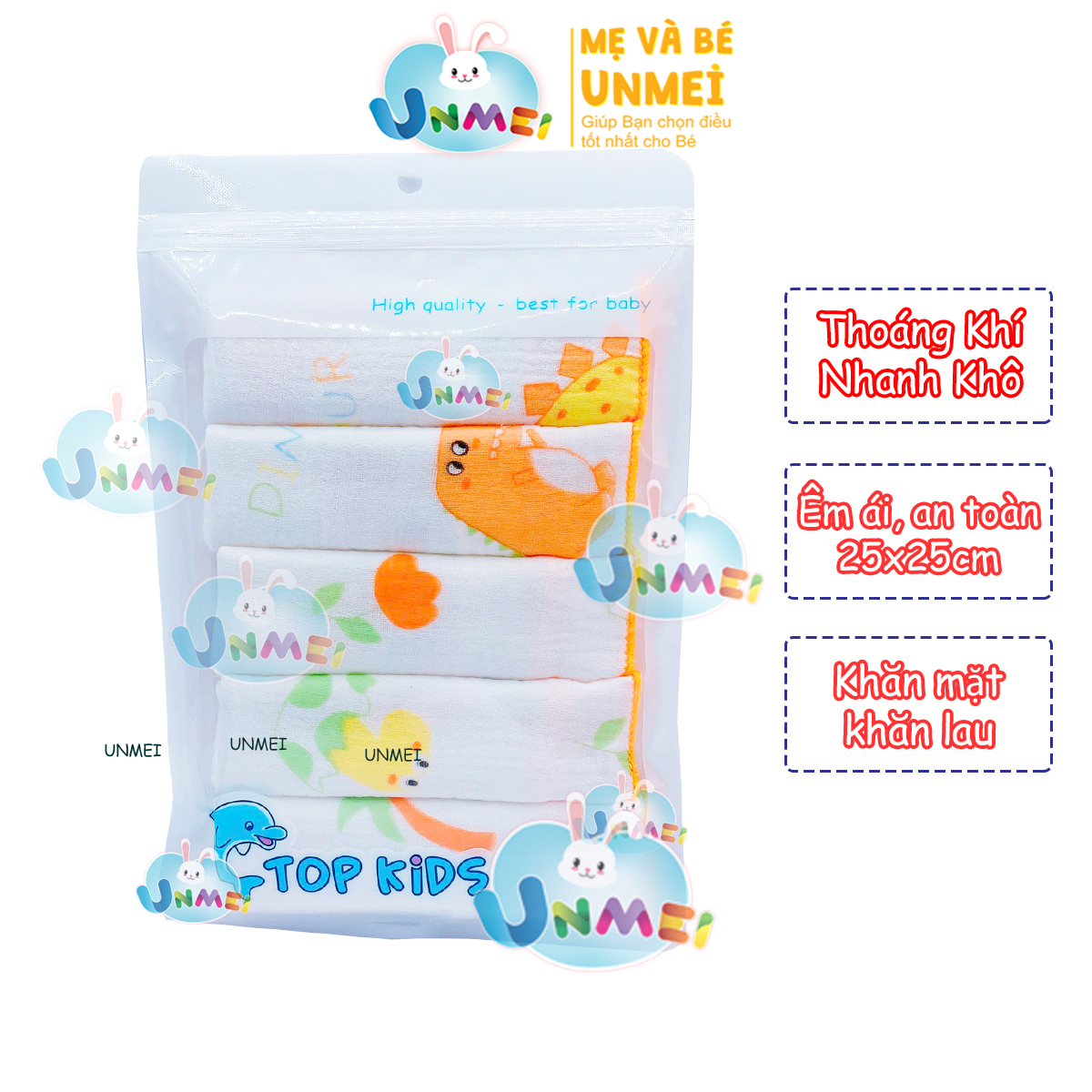 Set 5 Khăn Sữa, Khăn Xô Sữa Muslin TOP KIDS 4 lớp thấm hút,mềm mại dành cho sơ sinh (size 25x25cm)- tại UNMEI