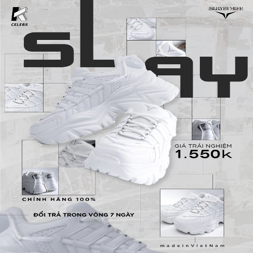 Giày đế cao SLAY BY MLEE, Sneaker Chunky All - White, Hàng chính hãng cao cấp