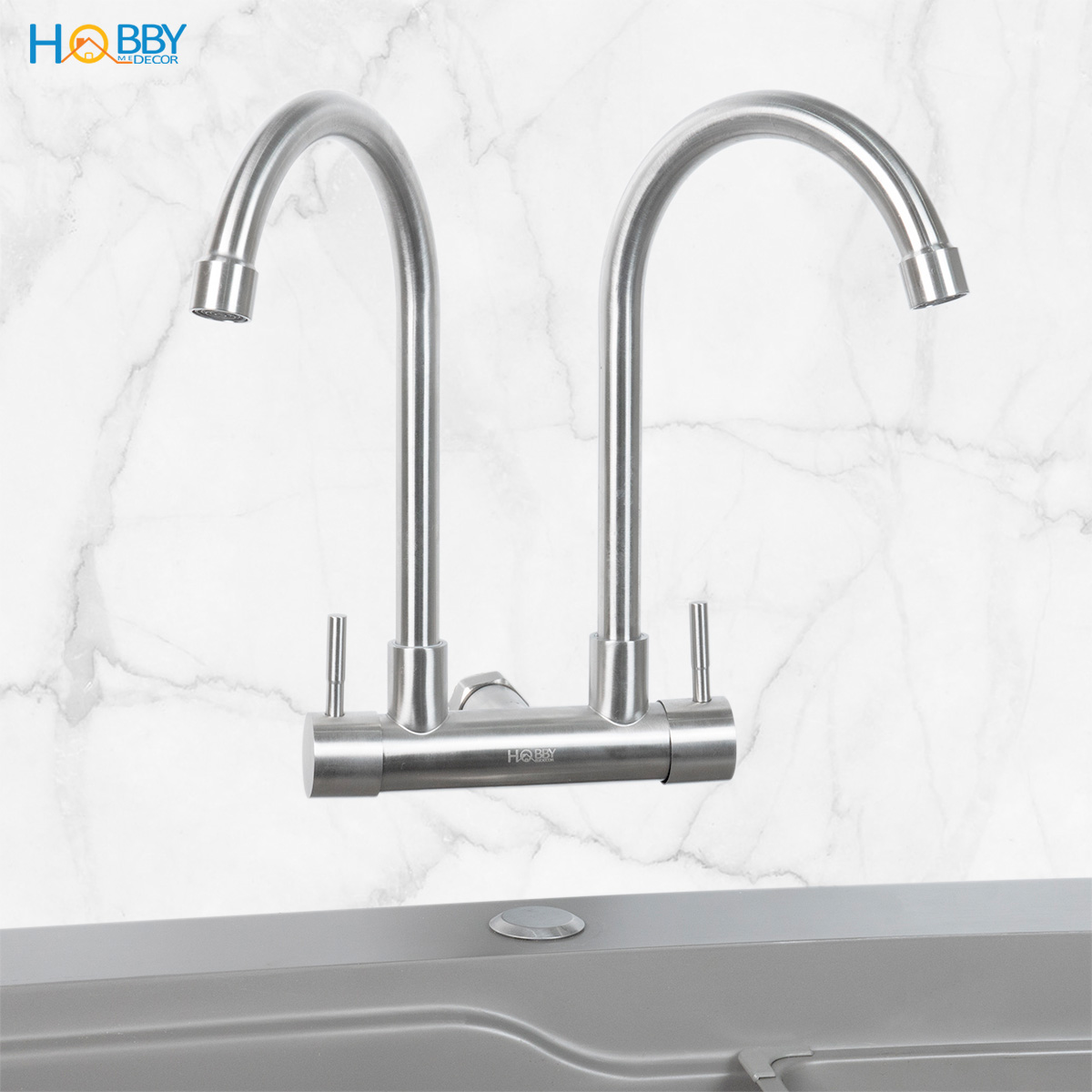 Vòi rửa chén gắn tường 2 đầu xả inox 304 Hobby home decor G2D