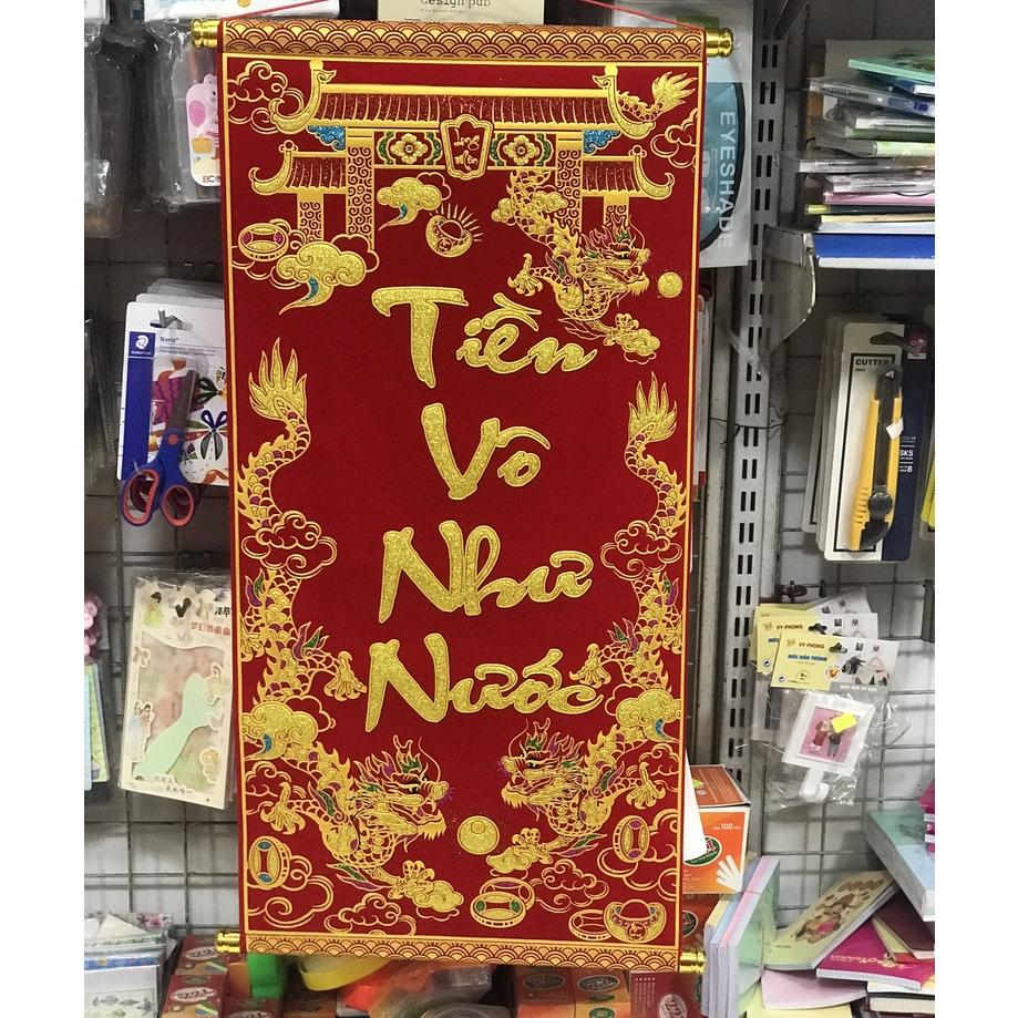 Hình ảnh câu đối đỏ, liễng trang trí tết 35x100cm in chữ Việt Nam làm từ vải nhung đẹp