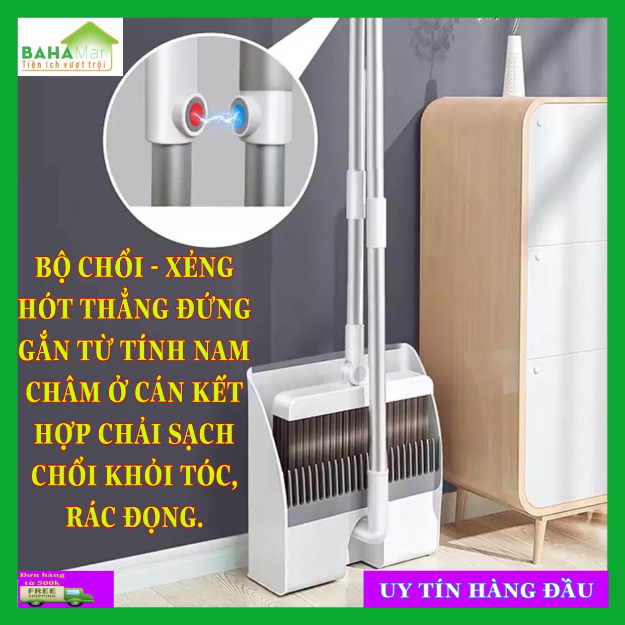 BỘ CHỔI - XẺNG HÓT THẲNG ĐỨNG GẮN TỪ TÍNH NAM CHÂM Ở CÁN KẾT HỢP CHẢI SẠCH CHỔI KHỎI TÓC, RÁC ĐỌNG &quot;BAHAMAR&quot; Có thể gấp gọn, có nam châm gắn chổi và xẻng hót dựng đứng tiết kiệm không gian, bảo vệ môi trường