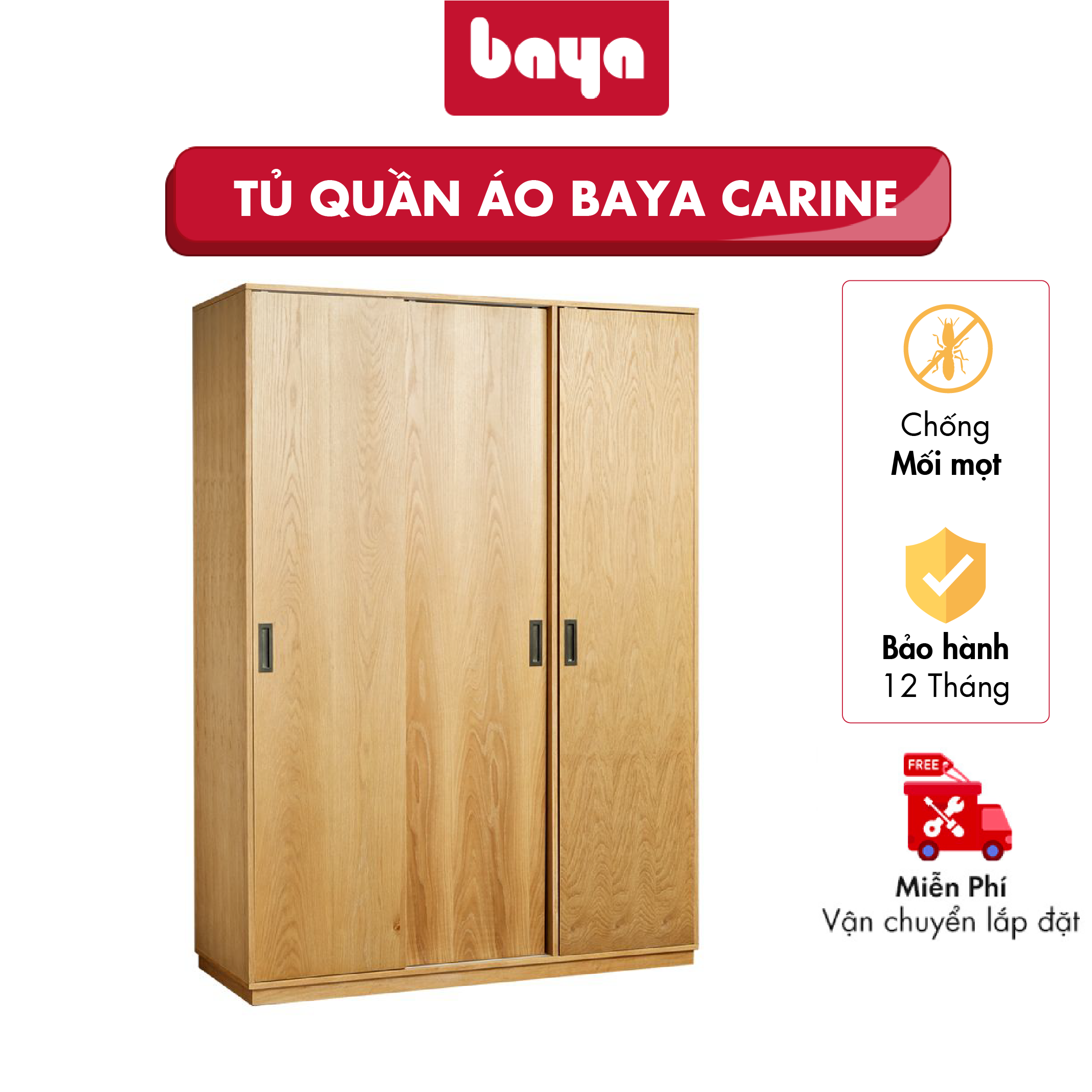 Tủ Quần Áo Gỗ Phong Cách Bắc Âu BAYA CARINE Thiết Kế 3 Cửa Dạng Lùa Và Dạng Mở, Có Hai Ngăn Chứa Trên Dưới Rộng Rãi Và Một Hộc Kéo 5272