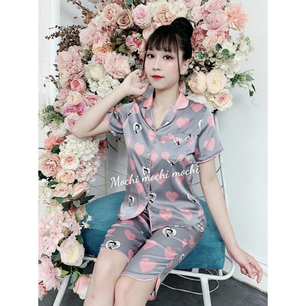 Freeship Bộ mặc nhà nữ tim hồng, bộ pijama lụa satin cao cấp, hàng thiết kế quần lửng, quần đùi có size nhiều màu