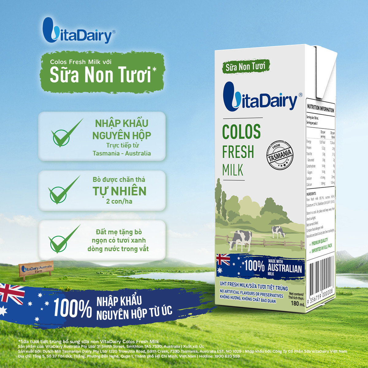 Sữa Non Tươi VitaDairy Không Đường 180ml - Thùng 24 hộp - VitaDairy
