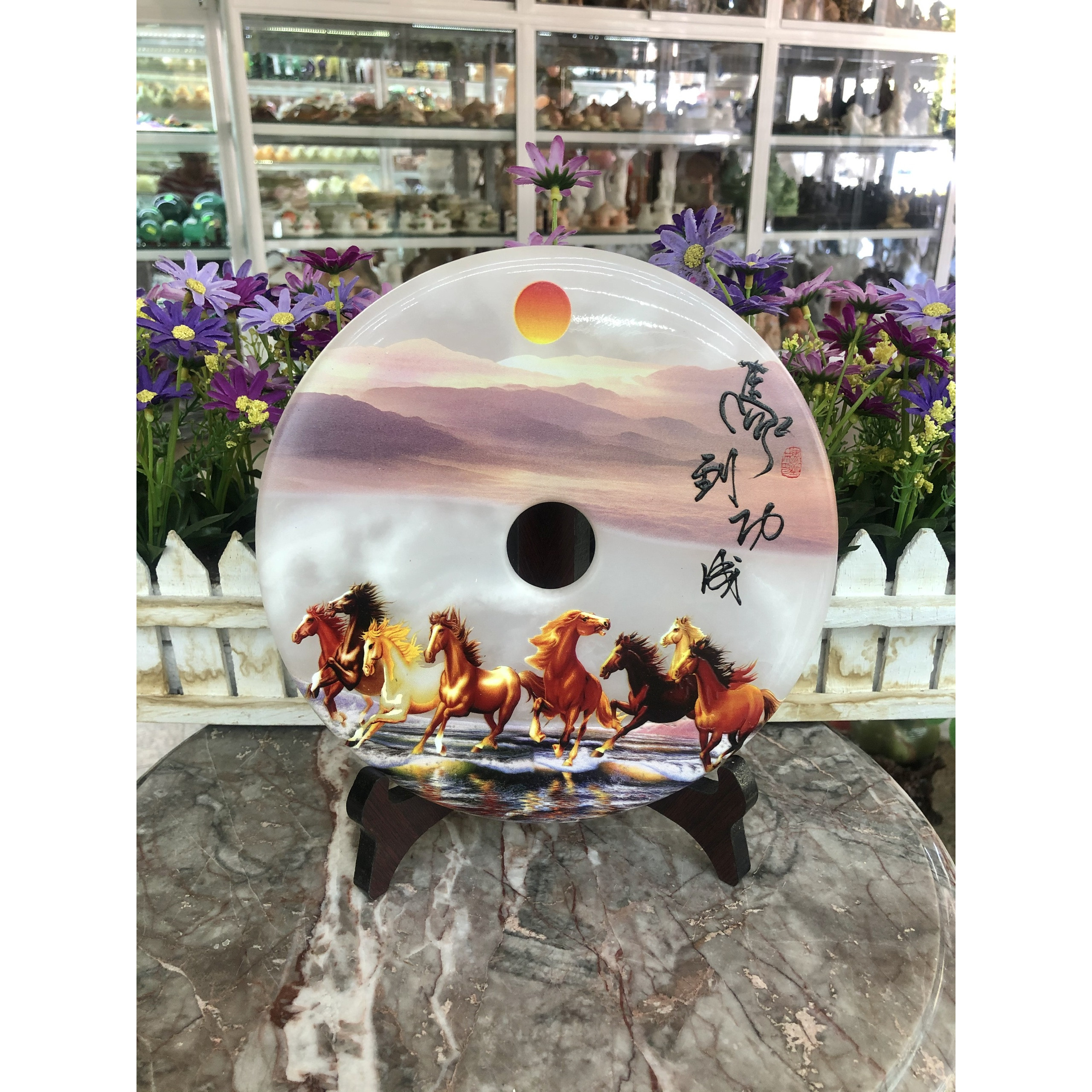 Đồng tiền đồng điếu may mắn phong thủy vẽ tranh chiêu nạp tài lộc đá bạch ngọc - Đường kính 20 cm