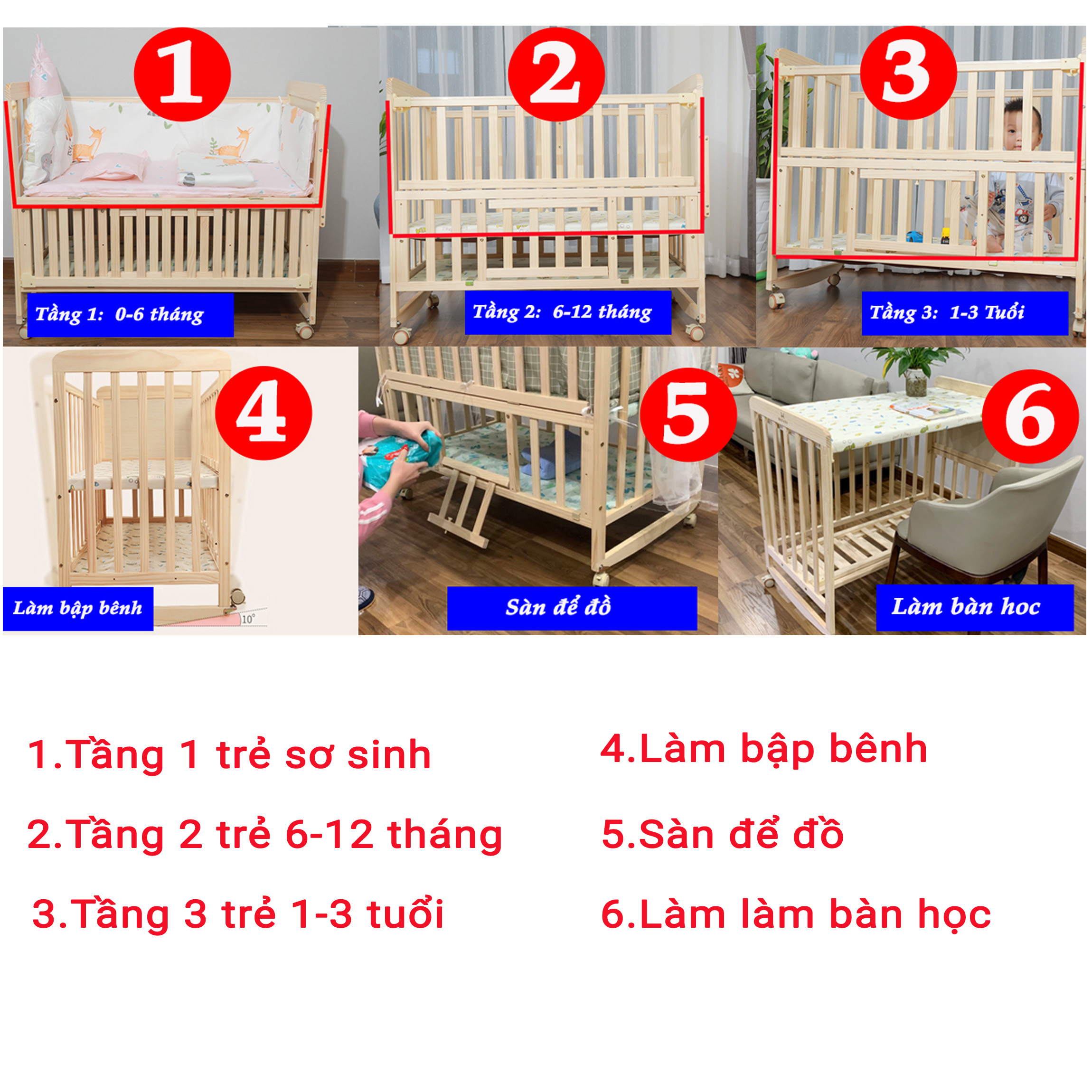 Cũi gỗ cho bé S218 Hatato có 2 tầng nâng hạ, cũi gỗ thông BH-2năm và làm từ gỗ thông bao gỗm cũi, màn, đệm và quây cũi cho bé