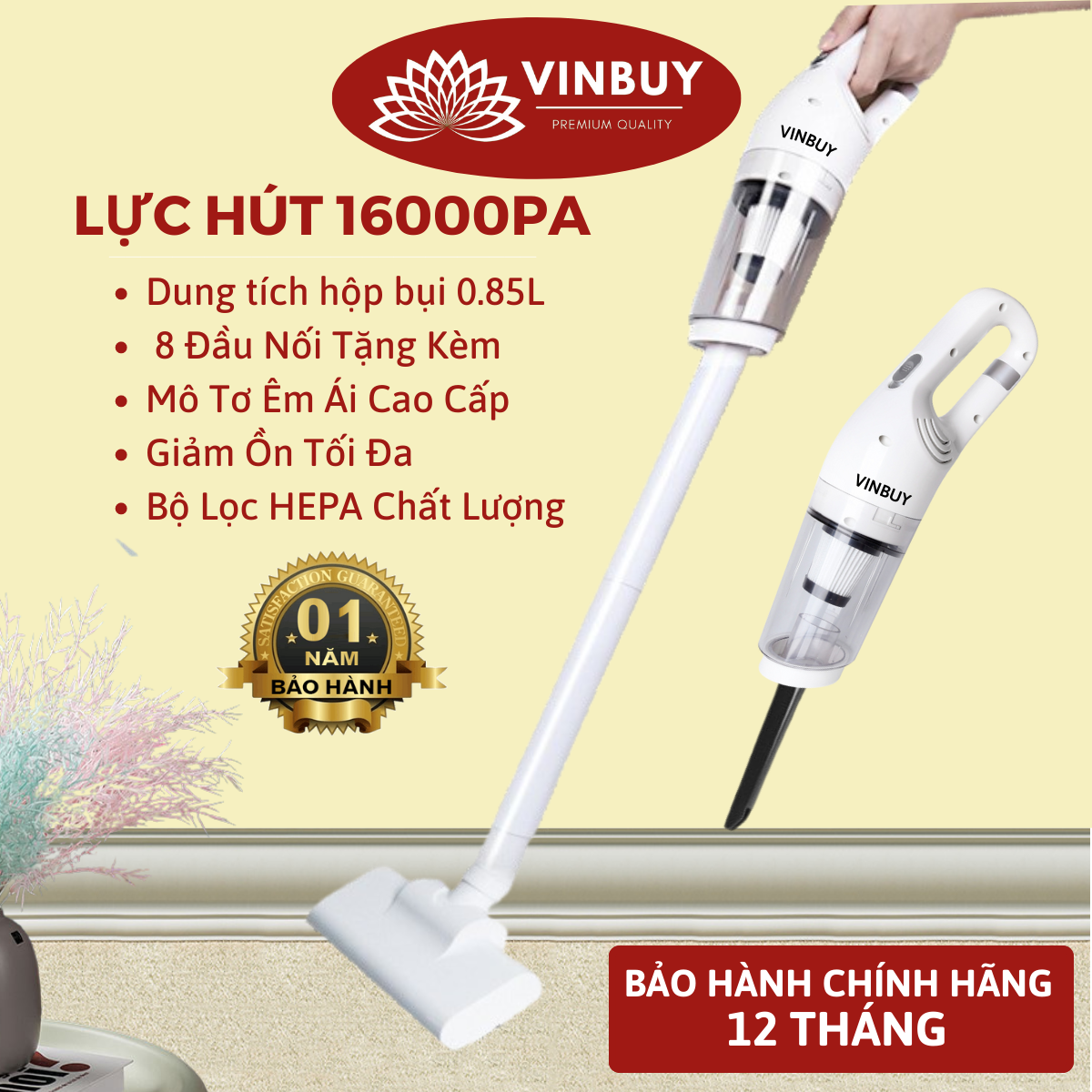 Máy Hút Bụi Cầm Tay Không Dây Cán Dài Dành Cho Ô Tô và Gia Đình, Lực Hút Mạnh Mẽ 16000PA Tặng Kèm 8 Đầu Hút Đa Năng – Hàng Chính Hãng