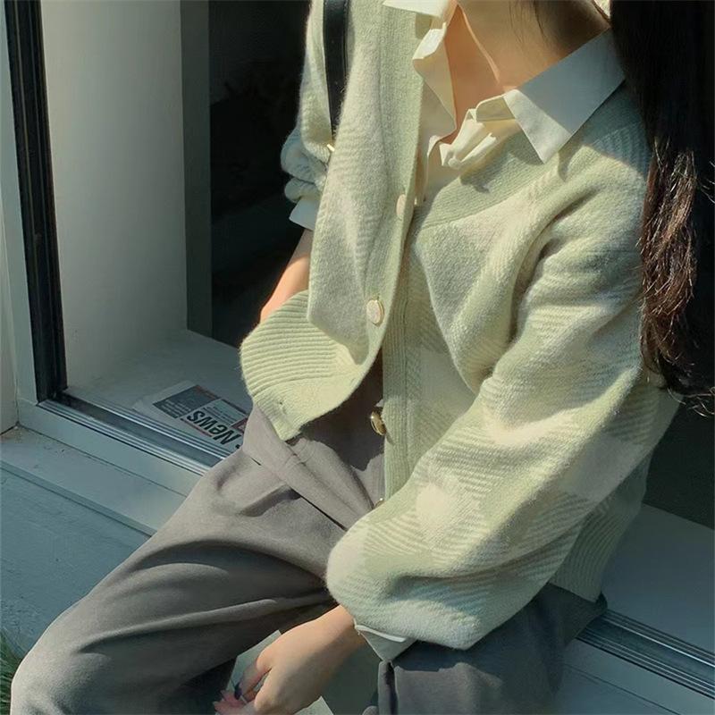 MS779 Áo khoác len cardigan kẻ caro cúc ngọc Hàn Quốc vintage