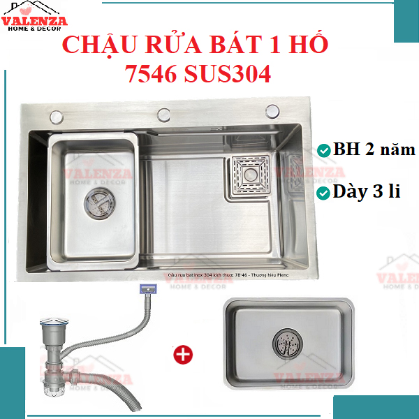 Chậu rửa chén bát 1 hố lớn inox sus304 75x46cm Valenza dày 3li kèm khay inox, bộ xả to thoát nhanh ngăn mùi