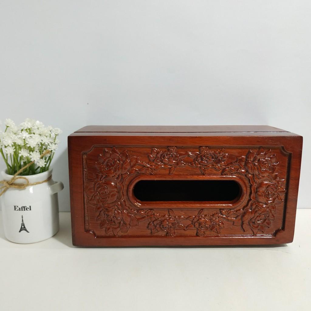 Hộp đựng giấy ăn GỖ HƯƠNG chạm khắc hoa hồng leo có viền