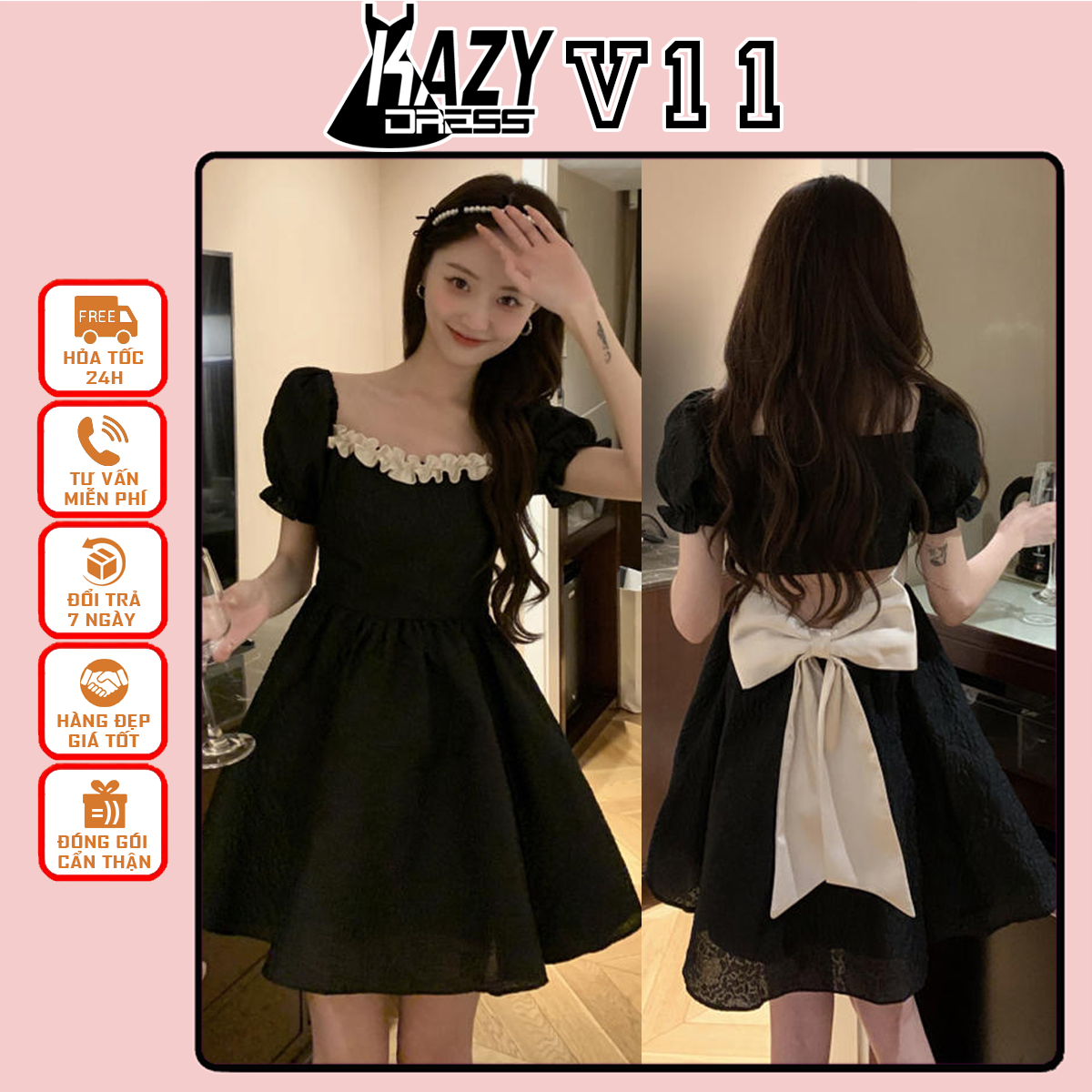 Đầm váy công chúa Babydoll khoét lưng thắt nơ xinh xắn phong cách tiểu thư Hàn Quốc KAZY STORE V011