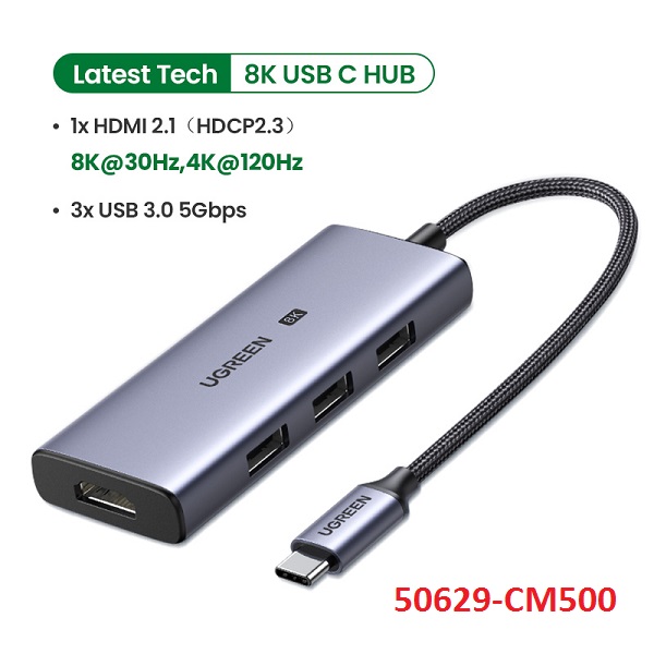 Bộ chuyển đổi USB Type C ra 3 USB 3.0 + HDMI 8K 30Hz Ugreen CM500 50629 cao cấp hàng chính hãng