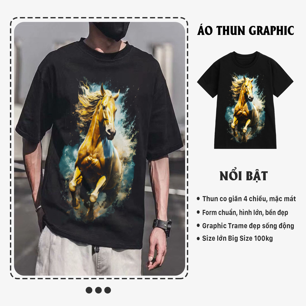 Áo thun nam cổ tròn tay ngắn TeeSett big size boy phố cotton màu đen in hình con ngựa graphic design