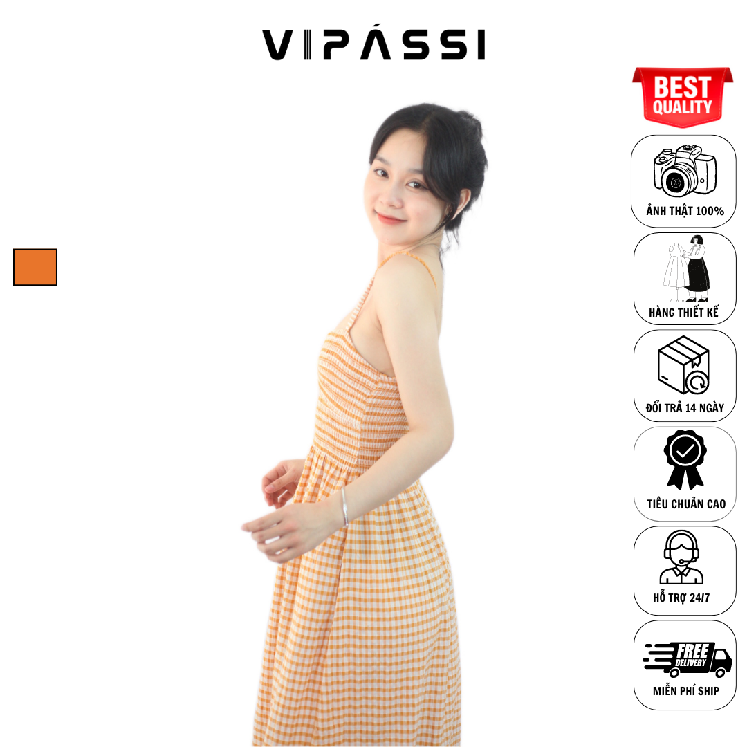 VIPÁSSI- Đầm Hai Dây Ca Rô Cam Có Túi Ôm Body