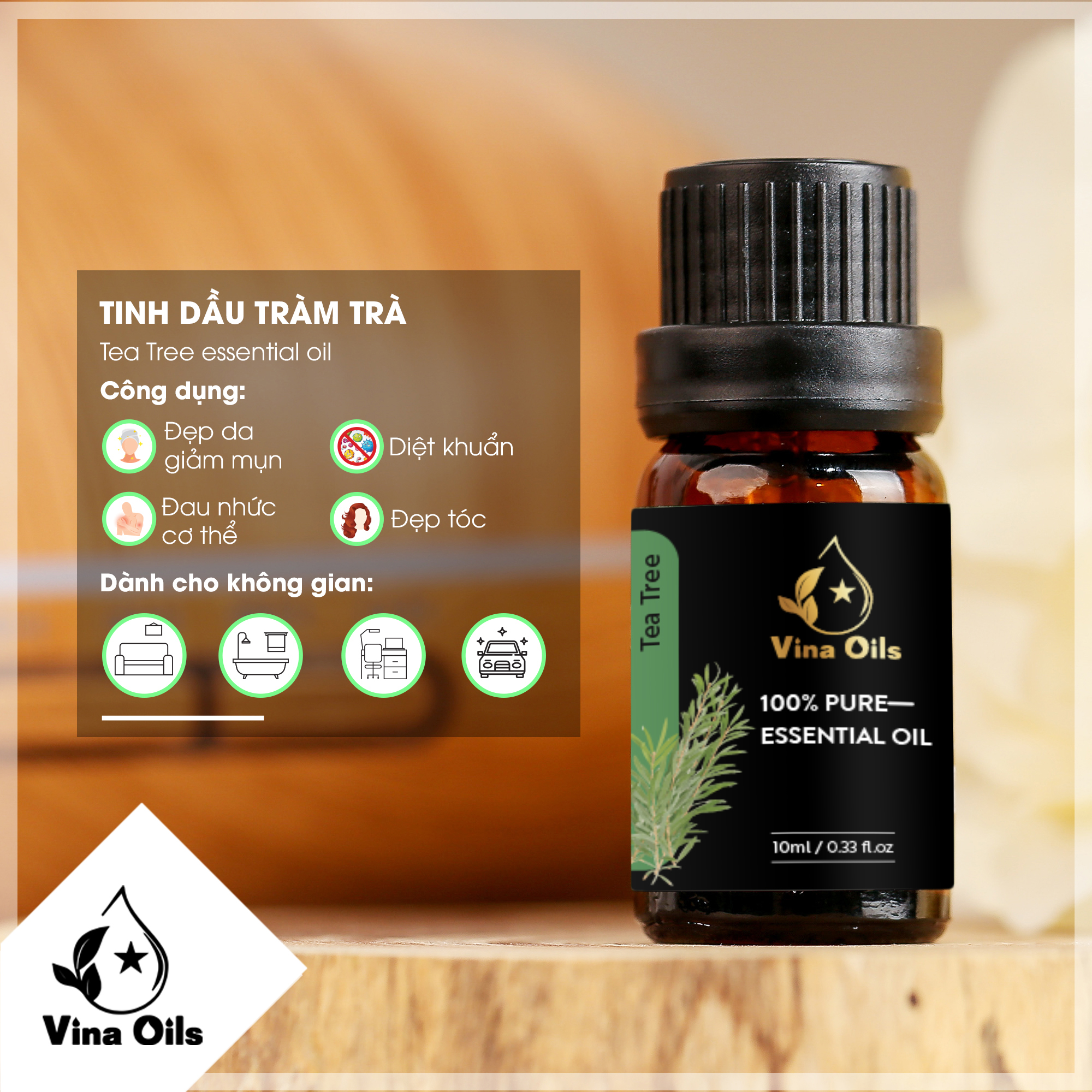 Tinh Dầu Tràm Trà Vina Oils 10ml - Tea Tree Essential Oil 10ml - Chiết Xuất Từ Lá Cây - Với Hương Thơm Mát Dịu Và Thanh Khiết, Sát Khuẩn Cho Không Gian, Tạo Sự Tự Tin, Xua Tan Mệt Mỏi, Bực Dọc