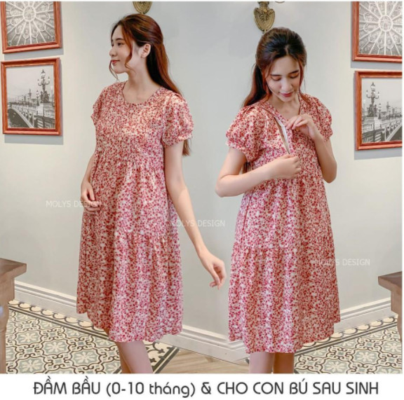 Đầm bầu kết hợp cho con bú sau sinh dáng babydoll ba tầng hoa nhí bèo ngực MOLYS VM6644 cúc điều chỉnh mặc hết thai kỳ