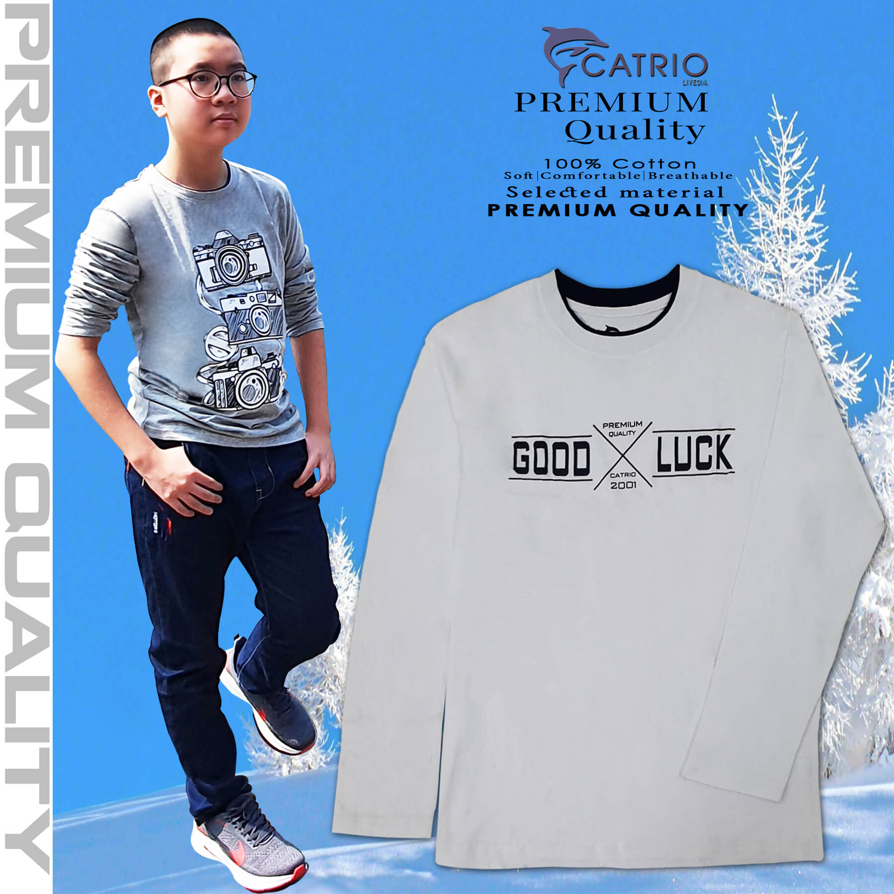 ÁO PHÔNG DÀI TAY BÉ TRAI CATRIO hình GOODLUCK, màu TRẮNG là áo thun cotton dài tay trẻ em từ 9 tuổi 14 tuổi 16 tuổi 18 tuổi  thuộc BST quần áo trẻ em mùa thu đông CATRIO kết hợp quần dài thành bộ đồ mùa thu đông bé trai đẹp