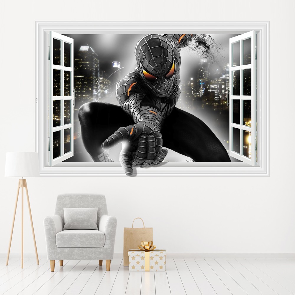 Decal trang trí tường - Cửa sổ 3D người nhện đen