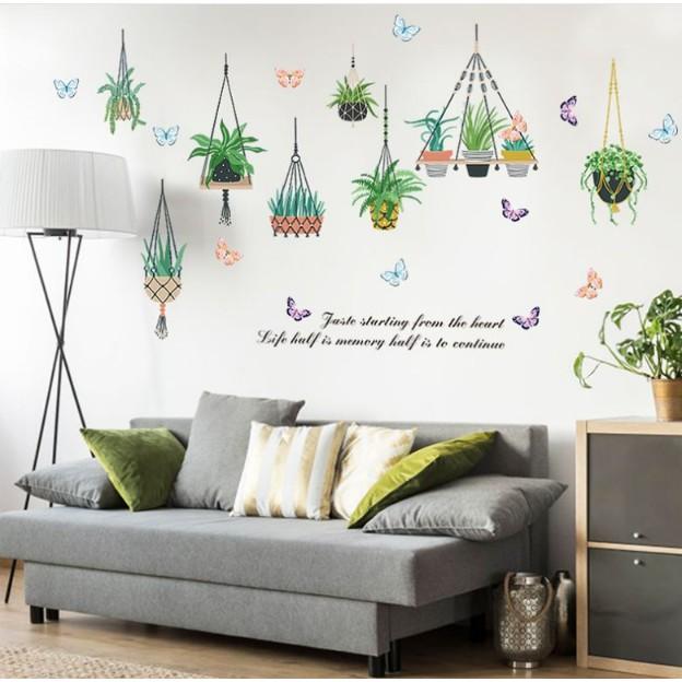 Decal trang trí tường - Nhiều Dây Treo Chậu Kiểng lá cỏ độc đáo