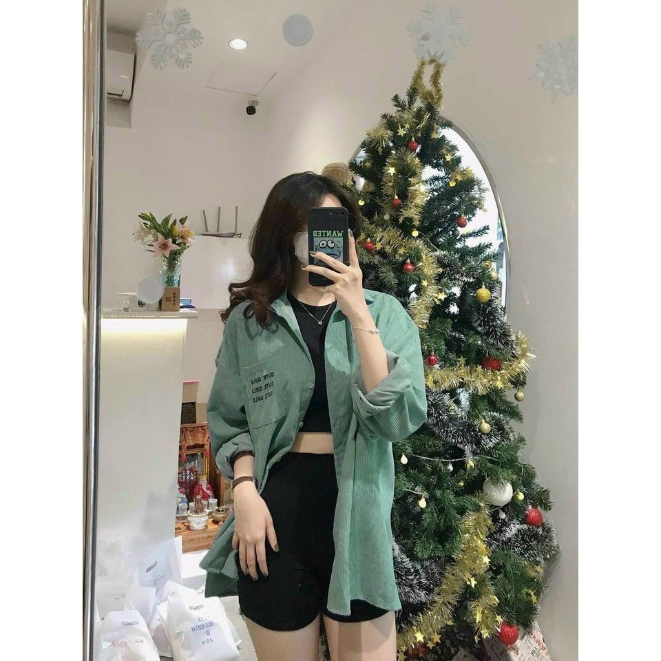 Hình ảnh Áo Sơ Mi NHUNG GÂN TĂM THÊU CUTE GIRLS Form rộng Unisex Nam/Nữ Phong Cách Hàn Quốc Ulzzang NUPAKACHI