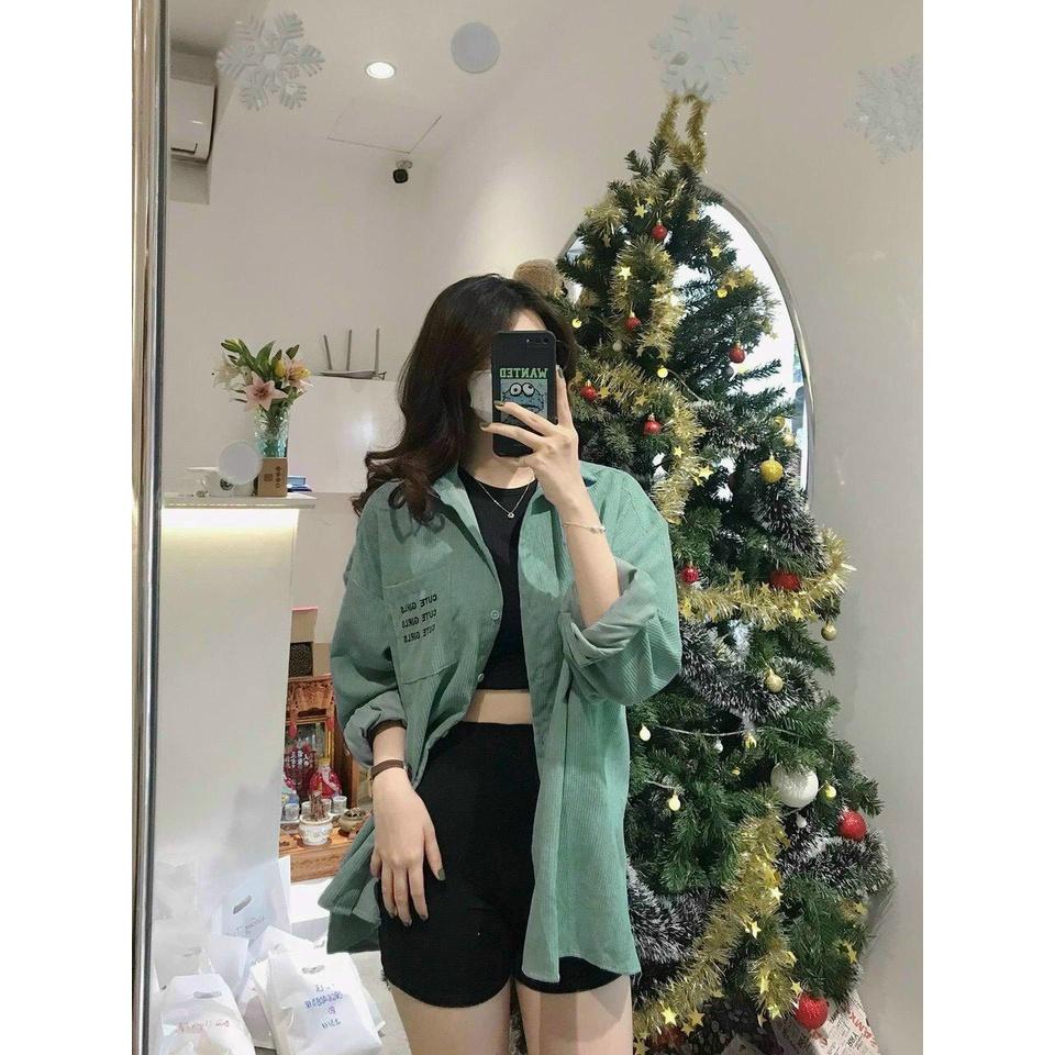 Áo Sơ Mi NHUNG GÂN TĂM THÊU CUTE GIRLS Form rộng Unisex Nam/Nữ Phong Cách Hàn Quốc Ulzzang