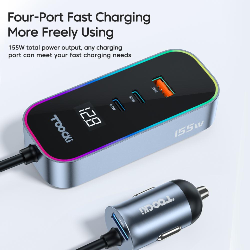 Bộ sạc xe hơi mở rộng phía sau USB của Toocki 155W với bộ sạc điện thoại moble Multi Digital Multi Digital Digital Digital C trong xe PD QC3.0