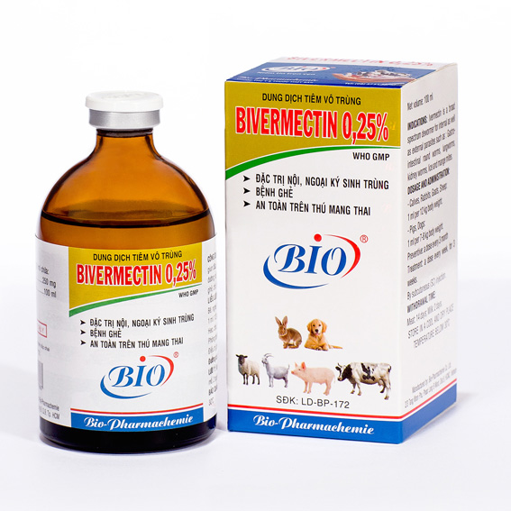 Dung dịch tiêm vô trùng BIVERMECTIN 0.25% T.rị nội ngoại kí sinh trùng, các loại giun tròn đường ruột, ghẻ, chí, rận trên bê, nghé, thỏ, dê, cừu, heo, chó