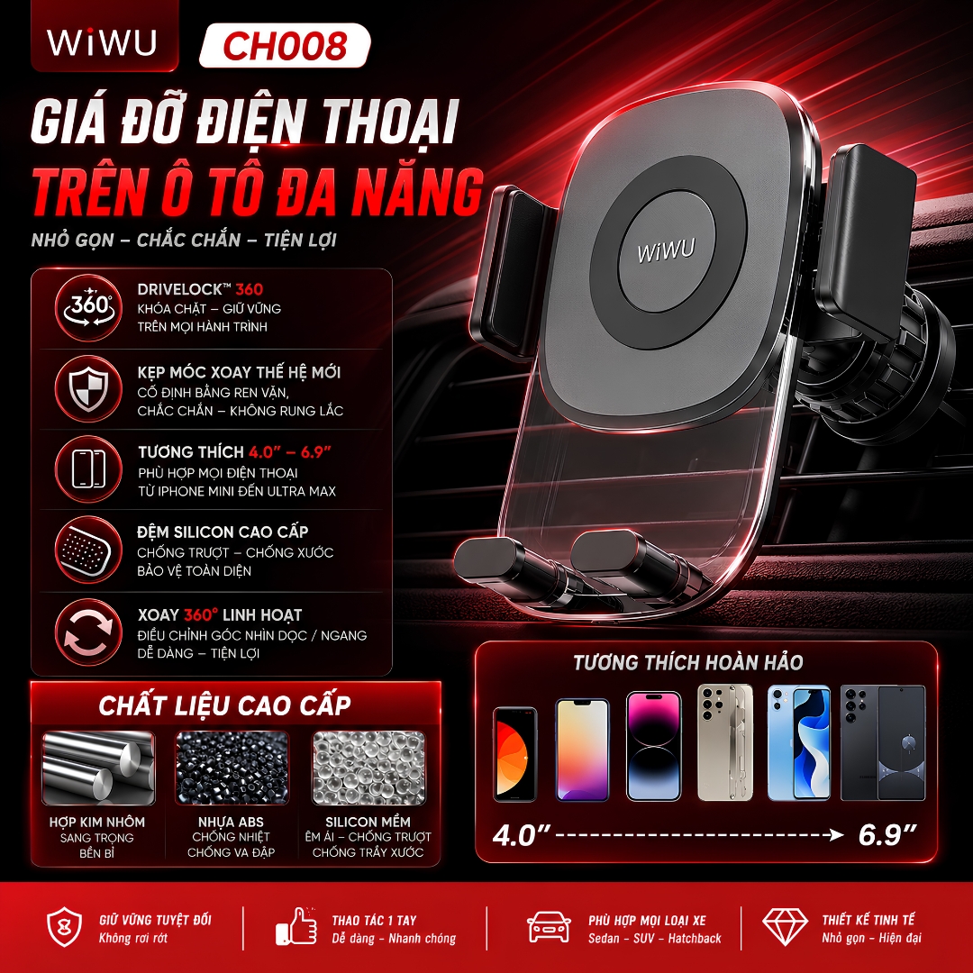 Giá đỡ điện thoại DriveLock 360° trên ô tô xe hơi WIWU CH008 CAO CẤP KẸP TRỌNG LỰC TỰ ĐỘNG CHỐT MÓC KHÓA iPhone Samsung Xiaomi Oppo - Hàng nhập khẩu