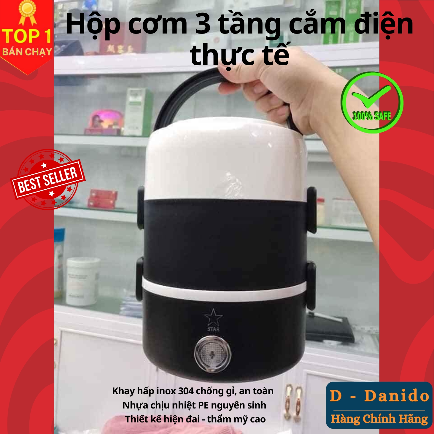 Hộp cơm giữ nhiệt văn phòng cao cấp Inox 3 tầng - Bộ hộp cơm cắm điện có chức năng hâm nóng và giữ nhiệt - Hàng chính hãng D Danido