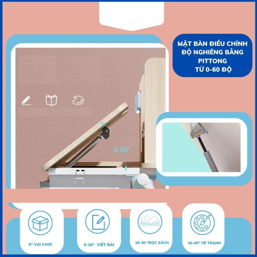 Bàn học sinh chống cận chống gù bàn học thông minh cho bé chỉnh được độ cao có giá đỡ sách và ngăn kéo S01
