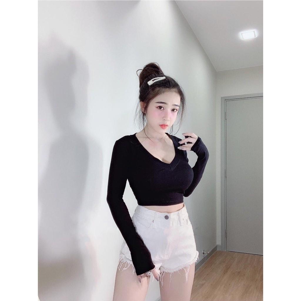 Áo croptop cổ tim ❤️ tay dài Basic JOY BABE  thun xịn đường may tỉ mỉ Forever 21 ⚡ cổ chữ V áo kiểu hot girl CROD 2 -2E