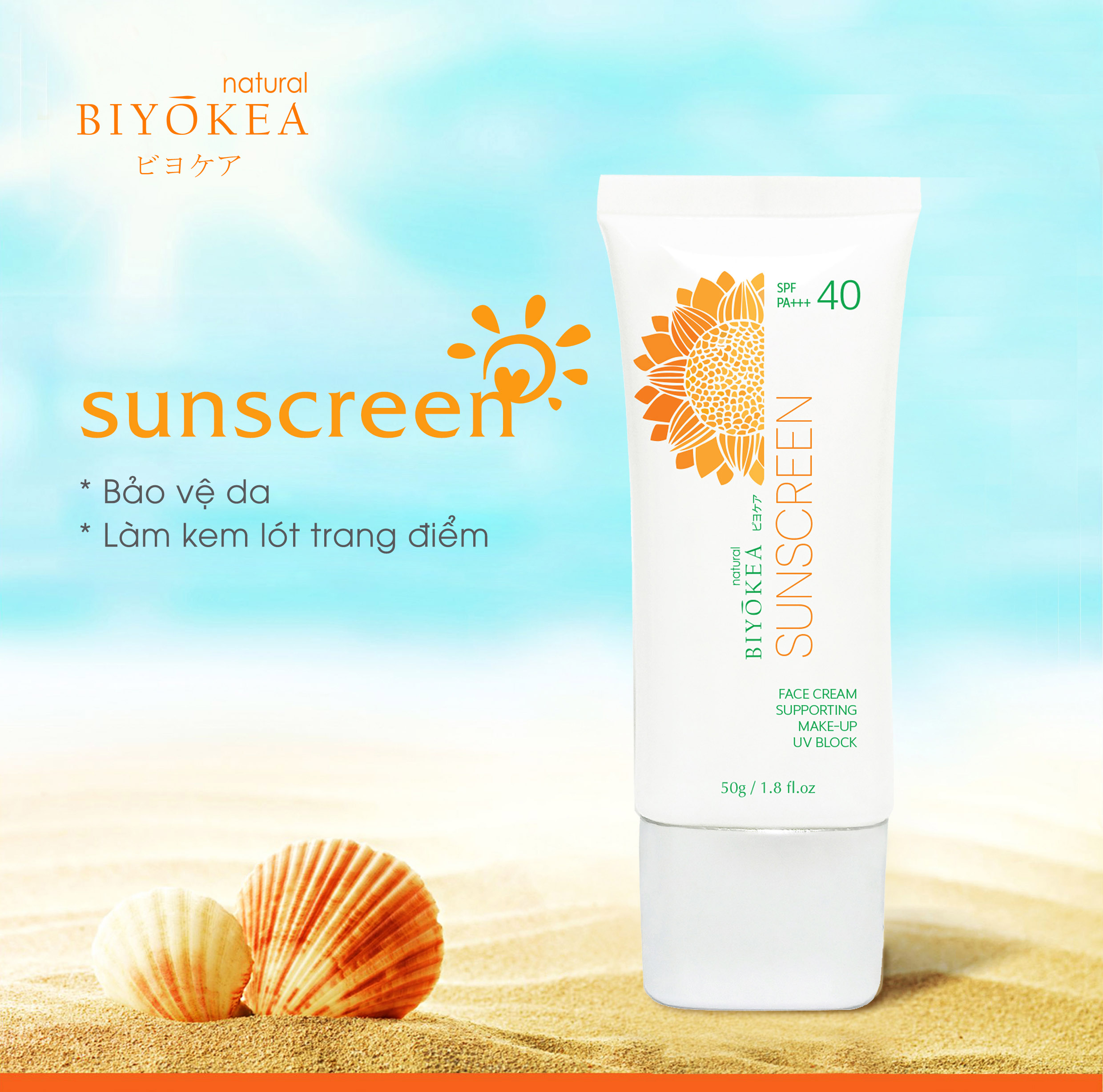 Kem Chống Nắng Biyokea SPF 40 Hỗ Trợ Trang Điểm, Dưỡng Ấm Da 50g