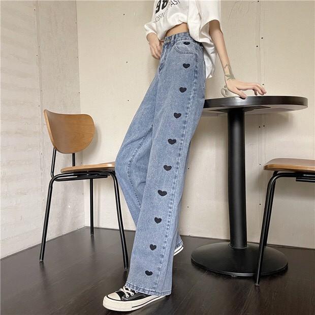 Quần Jeans Ống Rộng In Trái Tim Dọc - Quần Ống Rộng Nữ Dáng Suông Lưng Cao Ulzzang Q45