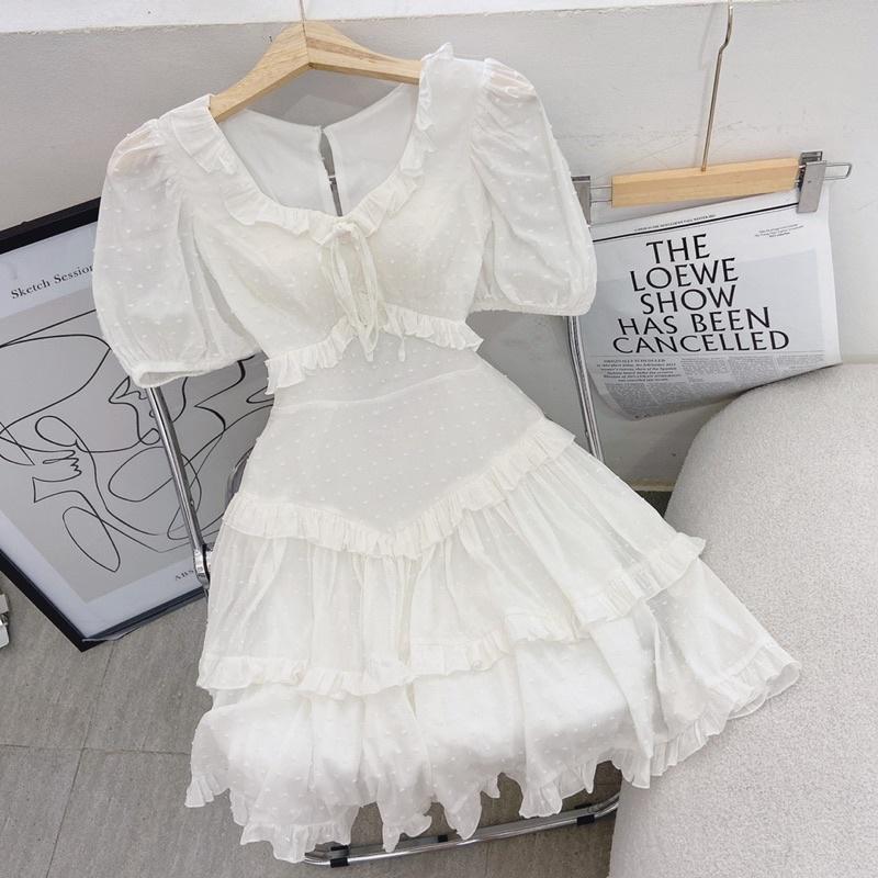 Đầm trắng đốm cổ thuyền tay ngắn dáng xoè viền bèo 3 line