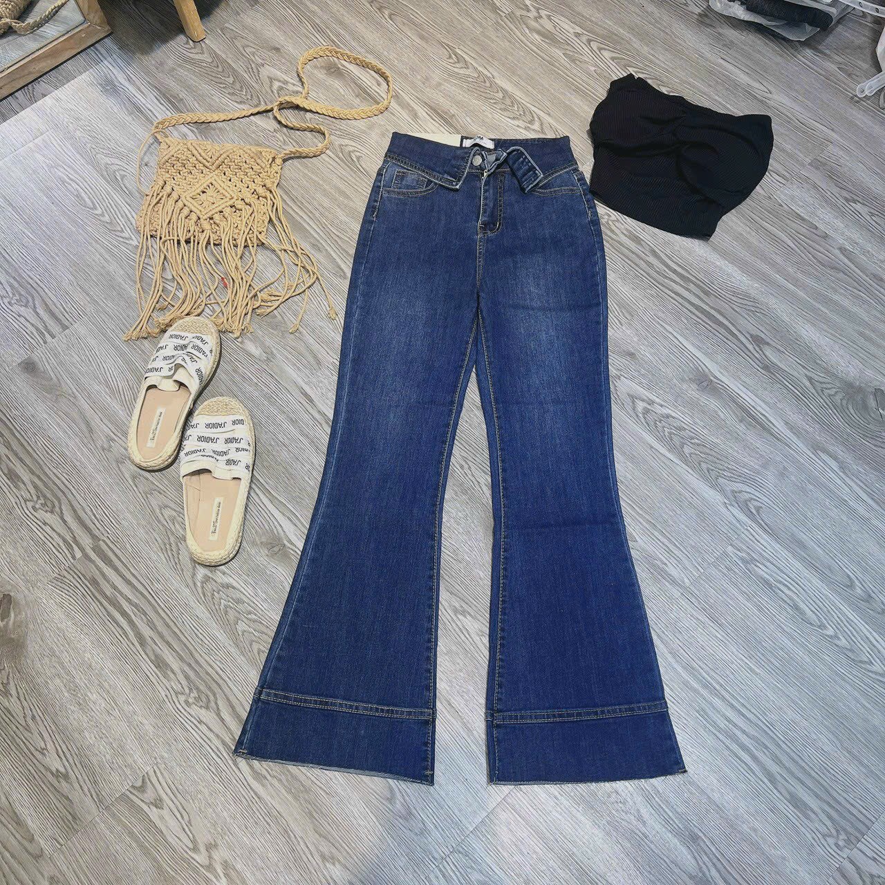 Quần jean nữ lưng cao ống bass, quần jean nữ ống loe lưng cao jean co giãn
