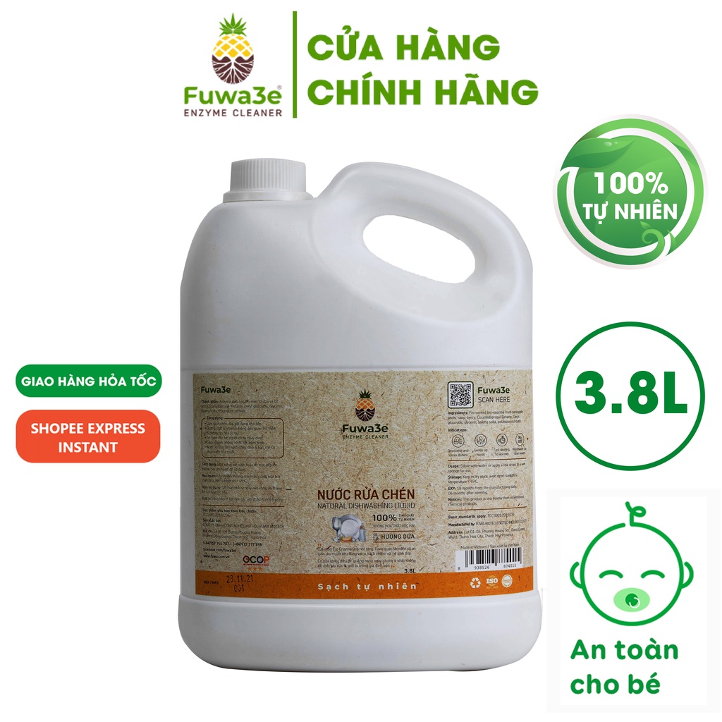 Nước rửa chén bát hữu cơ Fuwa3e 3.8L, đánh sạch mọi vết bẩn chén bát cứng đầu, 90% nguồn gốc thực vật, không hóa chất độc hại, an toàn cho bé, an toàn cho bà bầu.