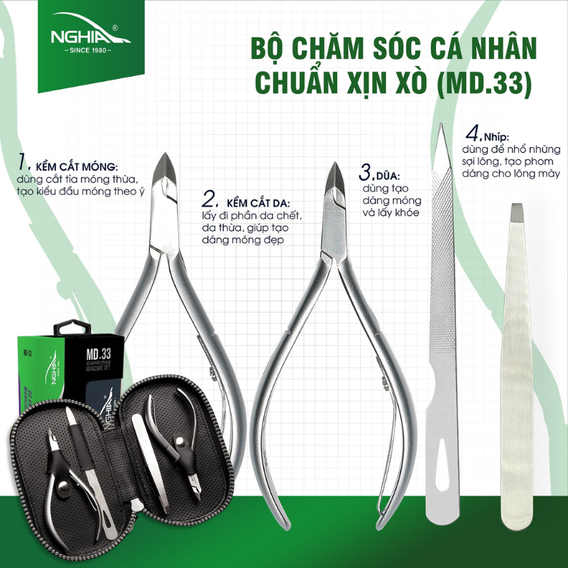 Bộ quà tặng truyền thống Kềm MD.33 bao gồm Kềm cắt da; Kềm cắt móng; Dũa; Nhíp