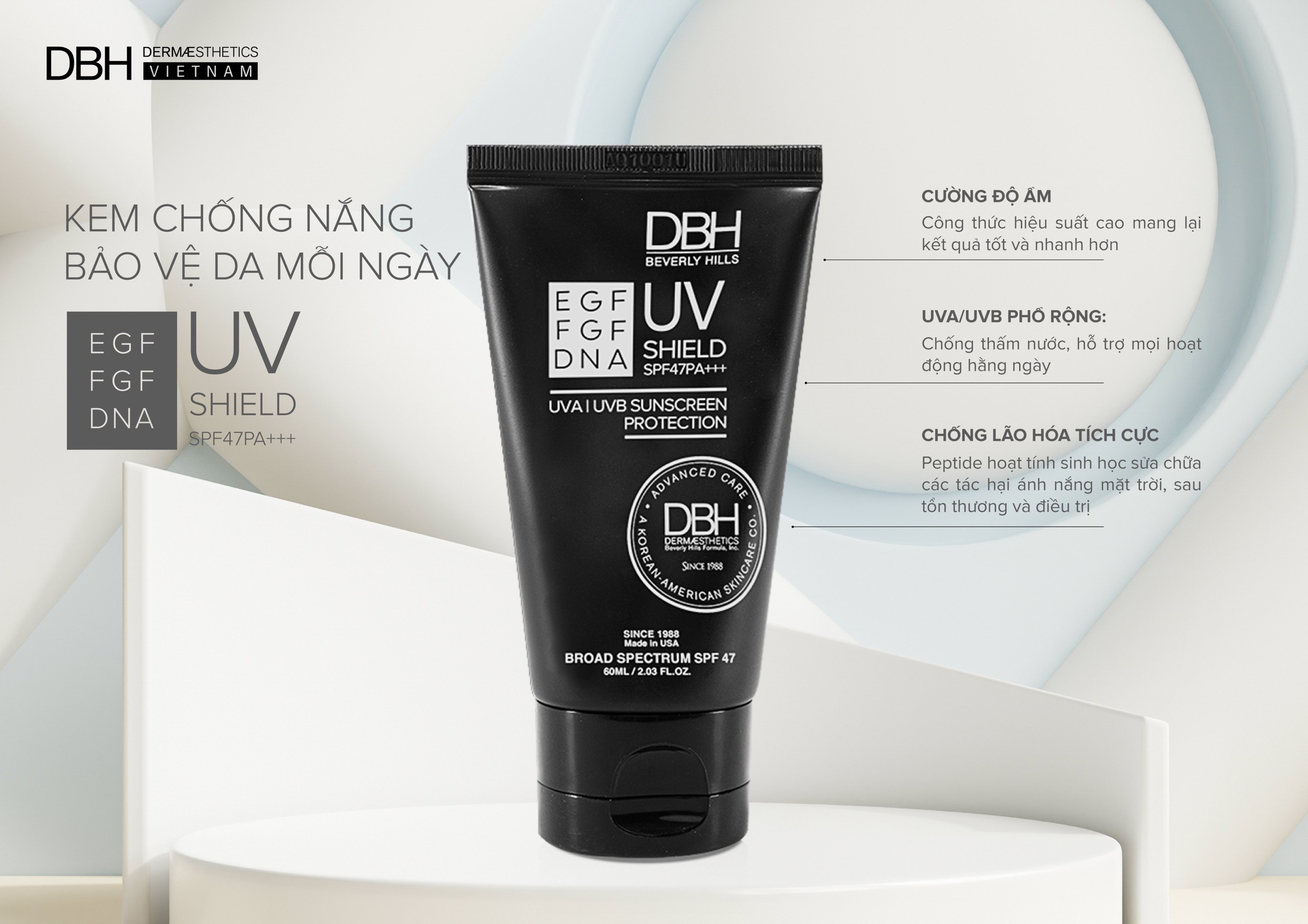 KEM CHỐNG NẮNG DBH- EGF/FGF/DNA UV SHIELD SPF47 PA+++ DBH DERMAESTHETICS BEVERLY HILL 60ML - HÀNG NHẬP KHẨU- CHÍNH HÃNG