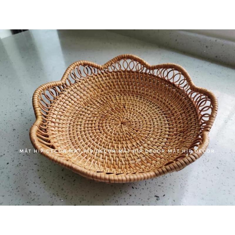 Hàng xuất Nhật-Khay mây Vintage hình hoa sen bộ 2 cái dùng để đựng bánh, đồ ăn, hoa quả, bánh kẹo, đồ decor